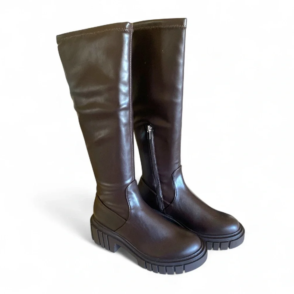 THE DROP KENNEDY Y2K Lug Sole Platform Boots Brown Knee High 14” Calf Y2K NWT